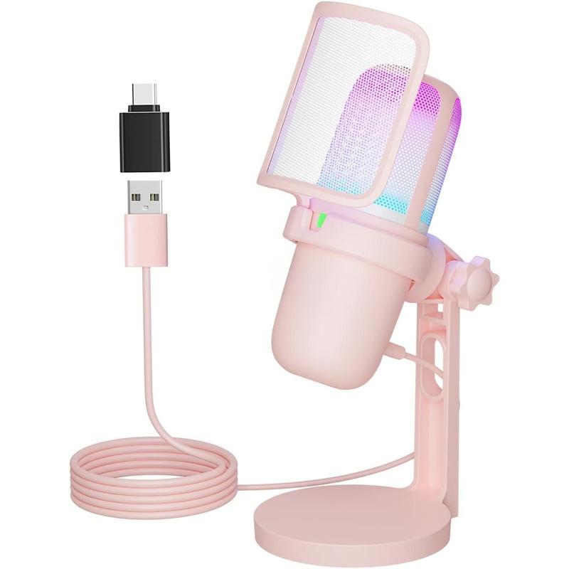 USB Microphone Gaming for PC Pink,Mini Computer Gaming Mic for PS4  PS5  ,Streaming Microphone for PC Gaming,Condenser Mic with RGB Streaming,PopFilter,Shock Mount for Recording,Podcasting