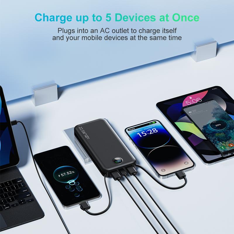 Built-in 2 cable battery pack -12000mAh AC Wall Plug, LED digital display light portable charger, SCP22.5W PD20W fast charging, suitable for iPhone16 15 14,Galaxy and other electronic devices.