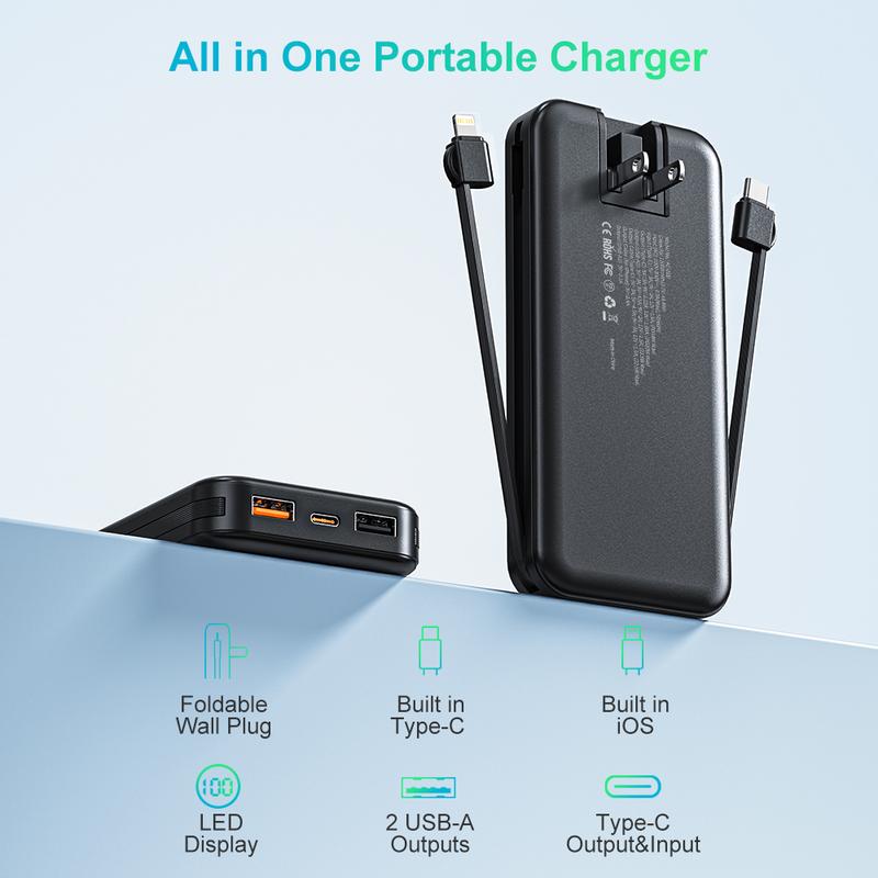 Built-in 2 cable battery pack -12000mAh AC Wall Plug, LED digital display light portable charger, SCP22.5W PD20W fast charging, suitable for iPhone16 15 14,Galaxy and other electronic devices.