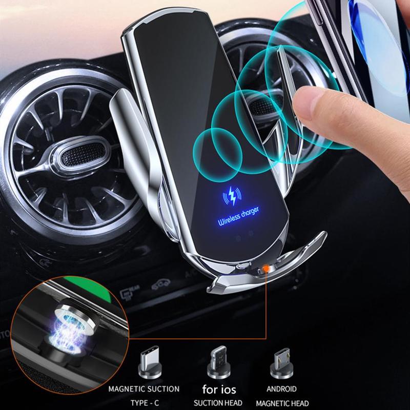 Wireless Charging Car Mobile Phone Holder with LED Light, Wireless Car Charger Phone Holder, Induction Opening & Infrared Sensor Wireless Charging Phone Rack, Car Accessories