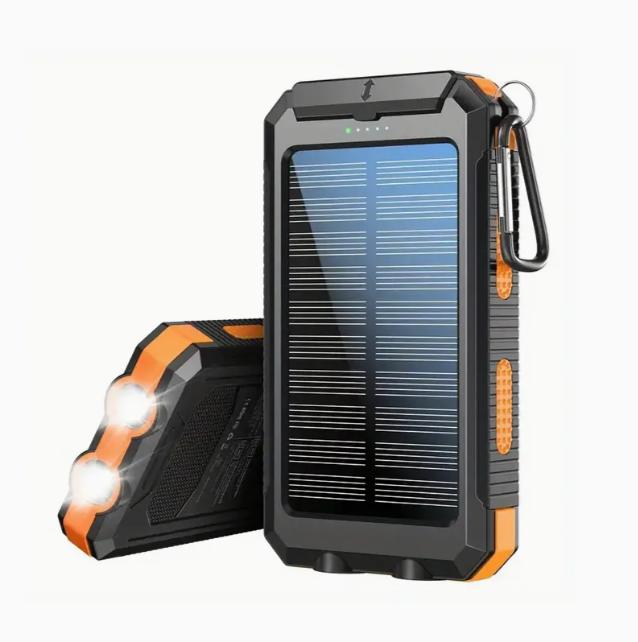 Solar charger, portable solar power supply, suitable for all mobile phones, waterproof battery pack, outdoor external backup power charger dual USB 5V output LED flashlight, very suitable for camping trips