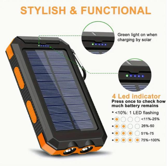 Solar charger, portable solar power supply, suitable for all mobile phones, waterproof battery pack, outdoor external backup power charger dual USB 5V output LED flashlight, very suitable for camping trips