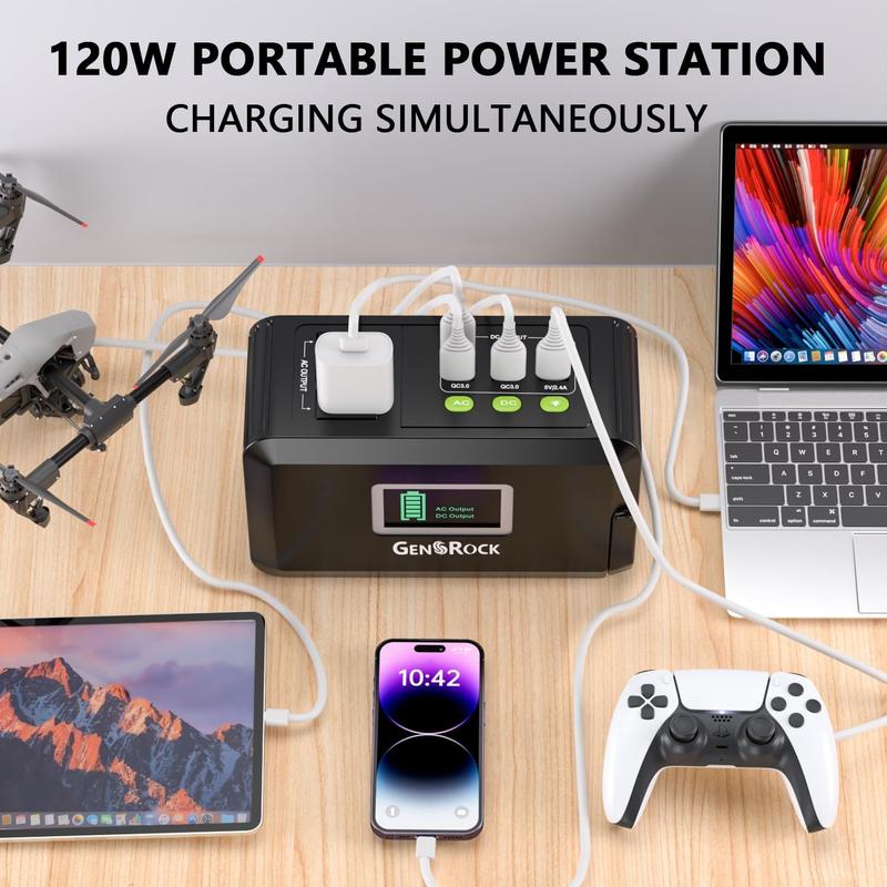 Gensrock 120W Portable Power Bank,with USB Ports and 110V 120W (Peak 150W)Multiple Sockets for Mobile Phones, Smartphones, and Accessories – Perfect for On-the-Go Charger. For Home, Camping, Travel, and Emergency Use. solar panel