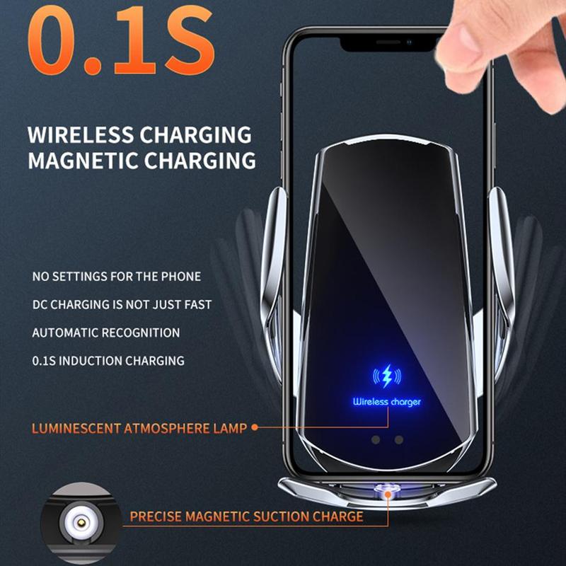 Wireless Charging Car Mobile Phone Holder with LED Light, Wireless Car Charger Phone Holder, Induction Opening & Infrared Sensor Wireless Charging Phone Rack, Car Accessories