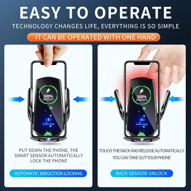 Wireless Charging Car Mobile Phone Holder with LED Light, Wireless Car Charger Phone Holder, Induction Opening & Infrared Sensor Wireless Charging Phone Rack, Car Accessories