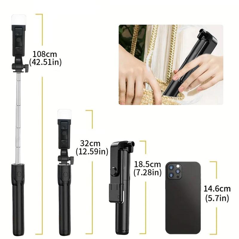 Portable Phone Selfie Stick, 360 Degree Rotatable Phone Selfie Stick with Fill Light, Handheld Photography Travel Selfie Stick Tripod