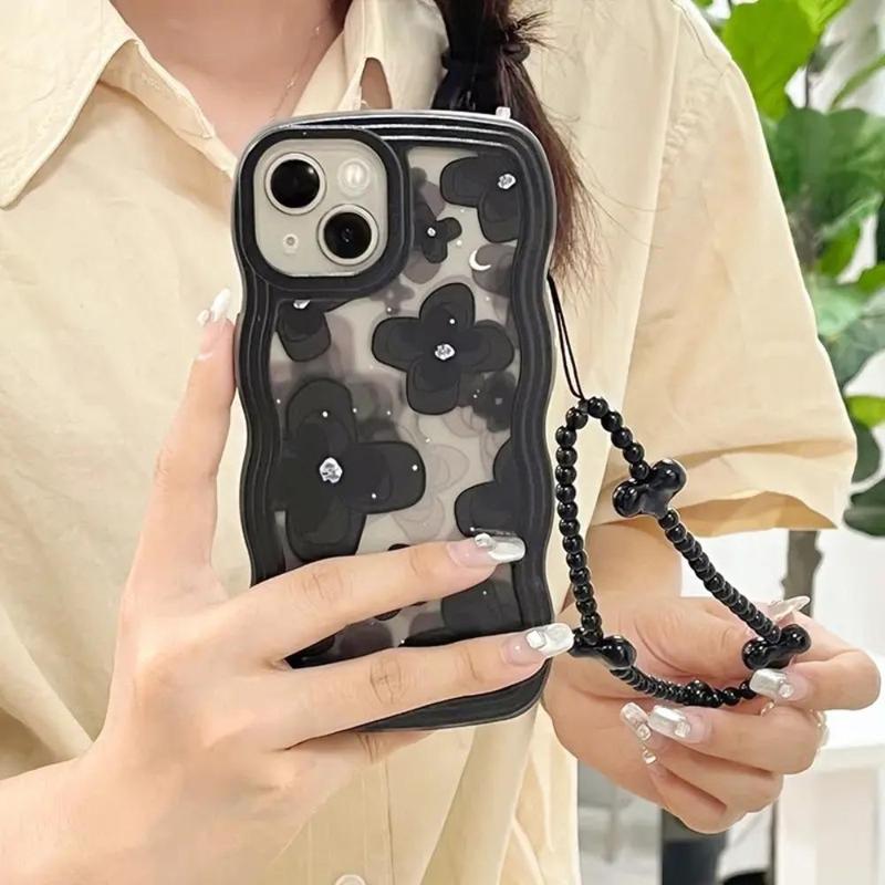 Butterfly & Heart Pattern Phone Case With Wrist Strap, Shockproof Wavy Edge Smartphone Protective Cover, All-inclusive Phone Cases for iPhone 11 12 13 14 15 Pro Max 15 14 Plus