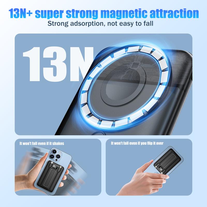 10000mAh Magnetic Wireless Portable Charger, 20W Fast Charging with USB C Lightning cable with stand, Compatible with Magsafe, iPhone 16 15 Series, AppleWatch AirPods Samsung Pixel Android Smartphone PowerBank