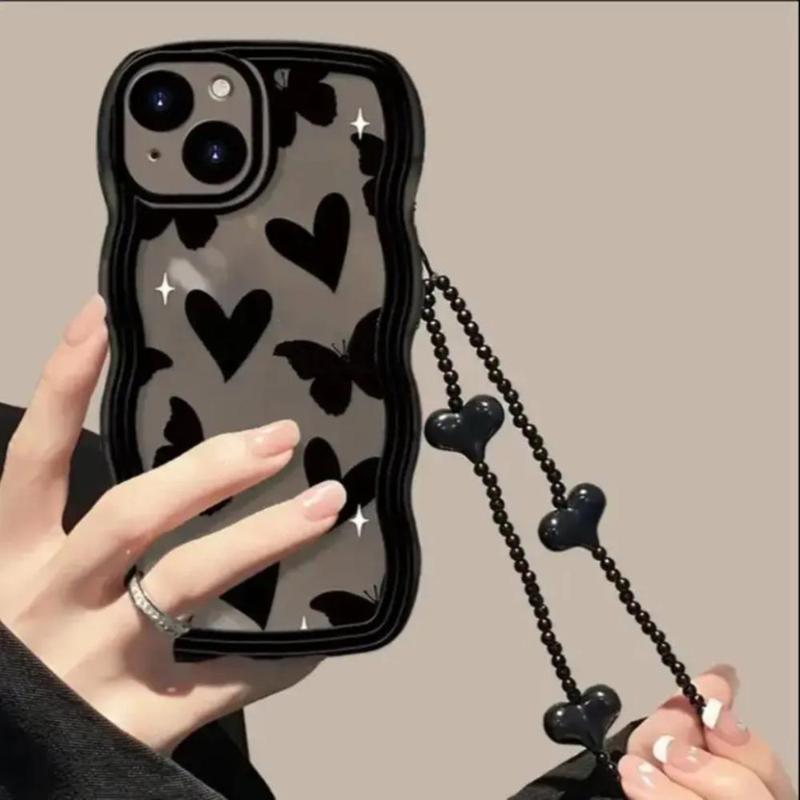 Butterfly & Heart Pattern Phone Case With Wrist Strap, Shockproof Wavy Edge Smartphone Protective Cover, All-inclusive Phone Cases for iPhone 11 12 13 14 15 Pro Max 15 14 Plus