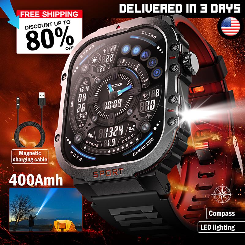 Stylish Military Grade Smart Watch for Men Women, Led Flashlight, Compass, Bluetooth Calls and Text, 2.02” HD Display 30M Waterproof Fitness Tracker, Heart Rate Sleep SpO2 Steps Monitor