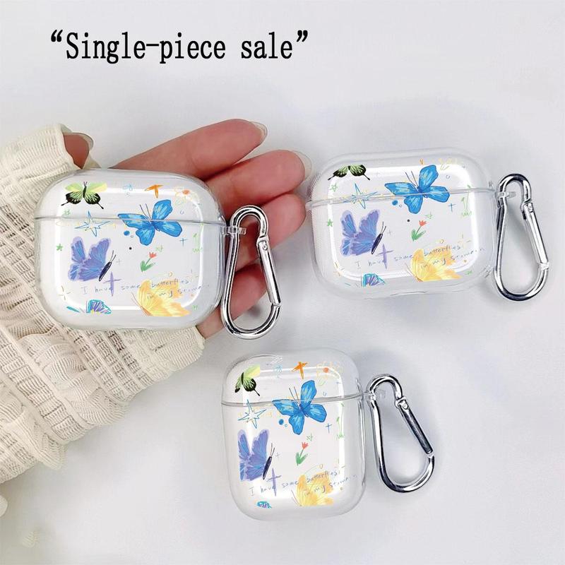 Butterfly Pattern Earphone Case with Keychain, 1 Count Transparent Earphone Case with Keychain, Cute Cartoon Earphone Protector Cover for Airpods