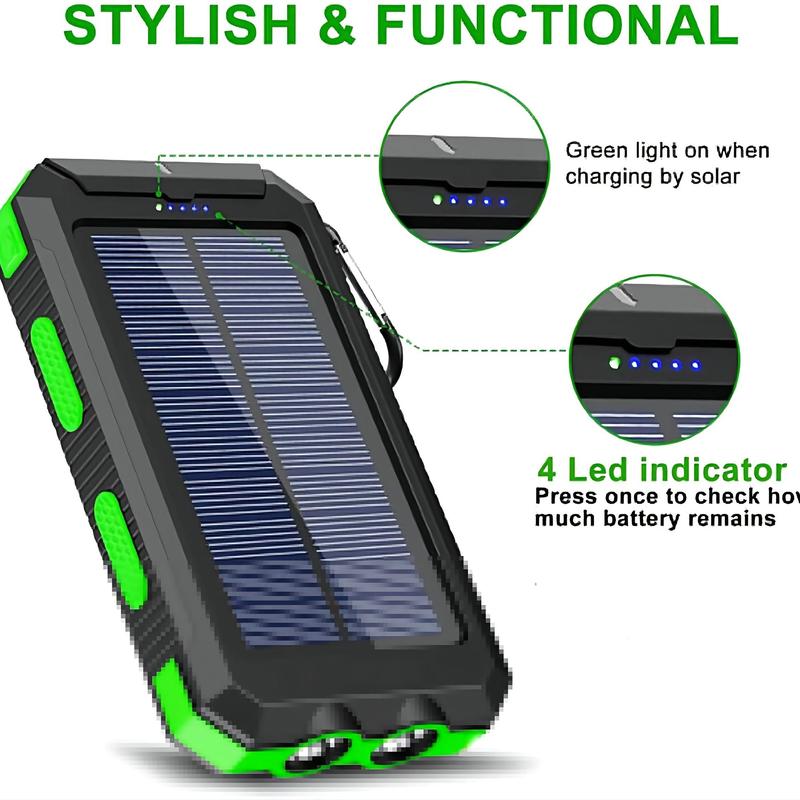 Portable Solar Charger, 10000mAh Outdoor Waterproof Solar Power Bank, Camping External Backup Battery Pack with 2 LED Light Flashlight & Compass