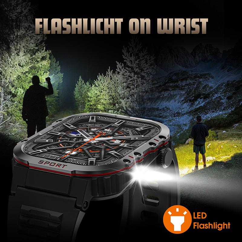 Stylish Military Grade Smart Watch for Men Women, Led Flashlight, Compass, Bluetooth Calls and Text, 2.02” HD Display 30M Waterproof Fitness Tracker, Heart Rate Sleep SpO2 Steps Monitor