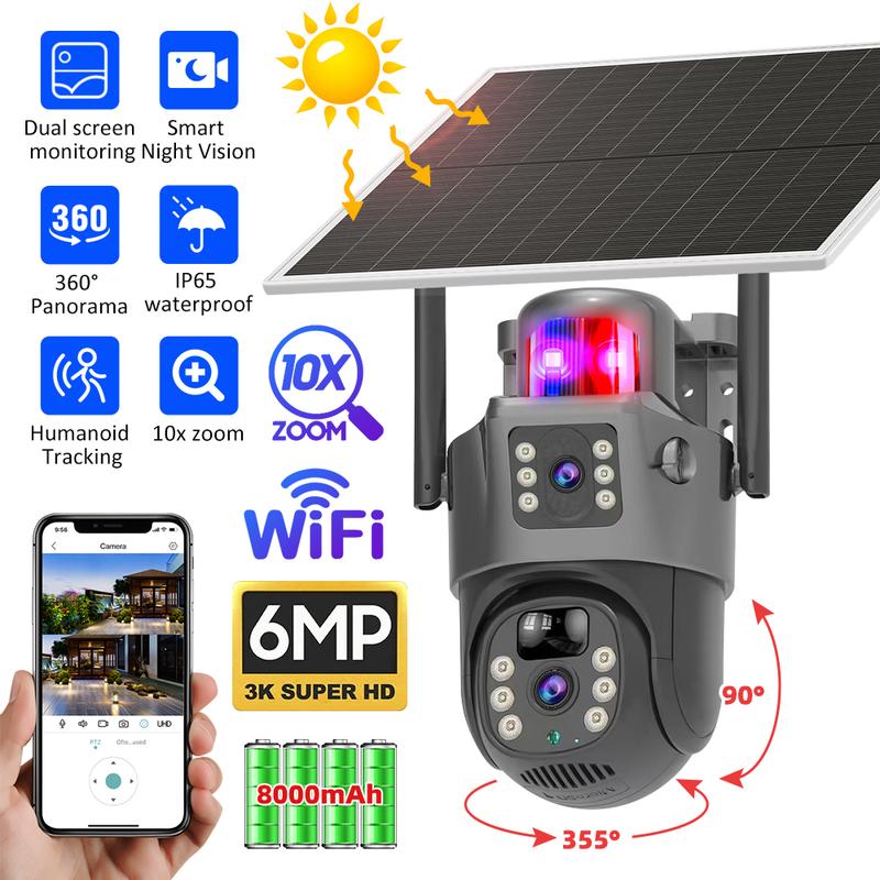 6MP Solar Camera Security Outdoor, Dual Lens (2x3MP) PTZ Wireless Home Security Cameras Outside Surveillance Indoor, Wide Angle 360°, Solar Powered, 2.4GHz WiFi, Human Detect, Color Night Vision