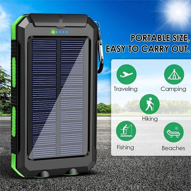 Portable Solar Charger, 10000mAh Outdoor Waterproof Solar Power Bank, Camping External Backup Battery Pack with 2 LED Light Flashlight & Compass