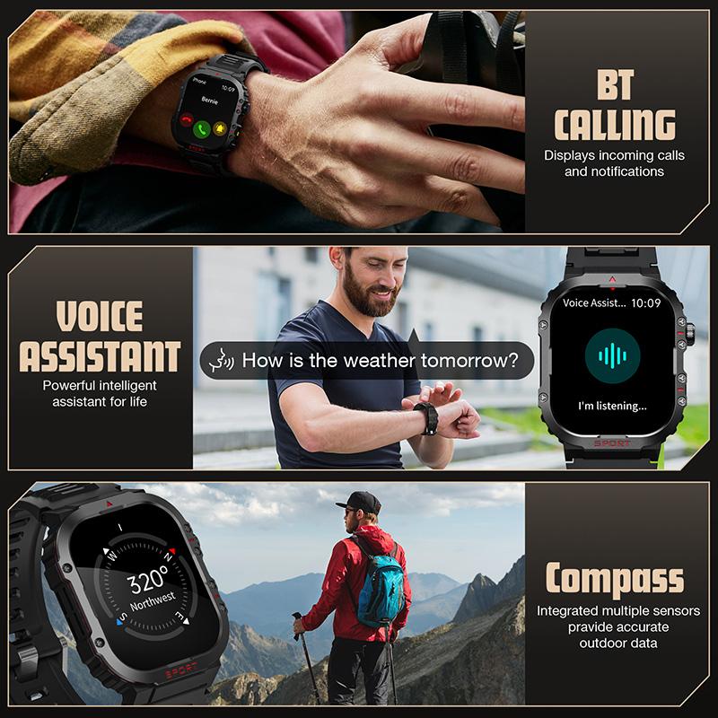 Stylish Military Grade Smart Watch for Men Women, Led Flashlight, Compass, Bluetooth Calls and Text, 2.02” HD Display 30M Waterproof Fitness Tracker, Heart Rate Sleep SpO2 Steps Monitor