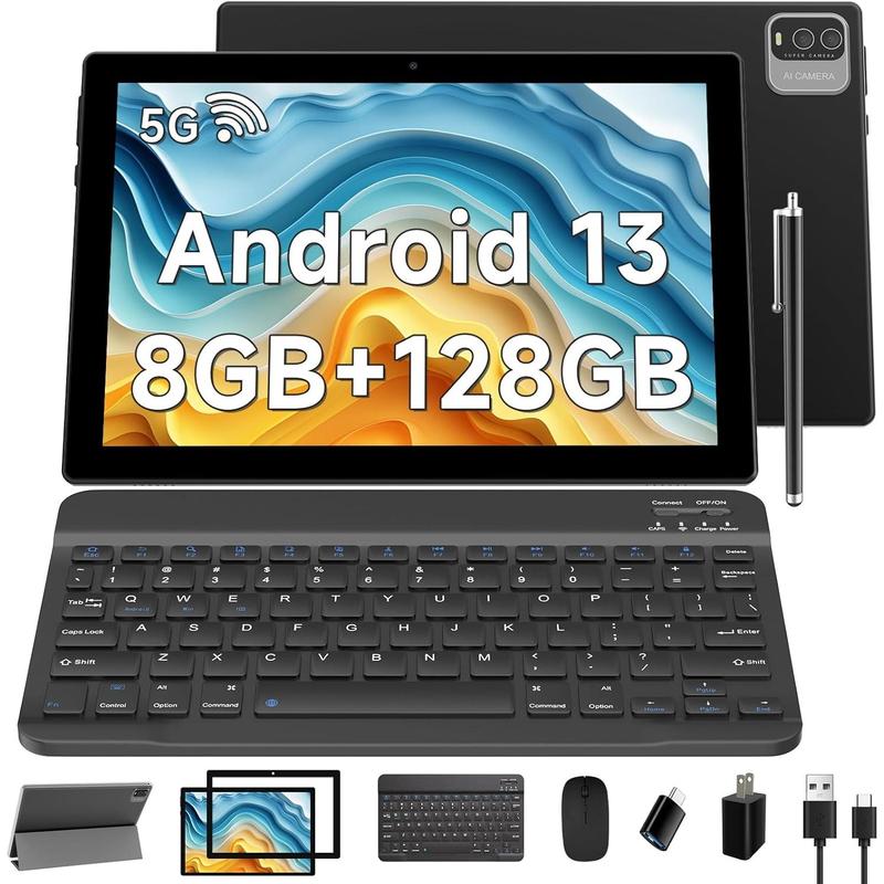 Newest Android 13 Tablet 10.1 Inch, Android 2 in 1 Tablet with Keyboard Case, 8GB+128GB ROM 1TB Tablets, Quad Core, HD Touch Screen, Dual Carema, , 2.4G 5G  6,BT, GMS Certified