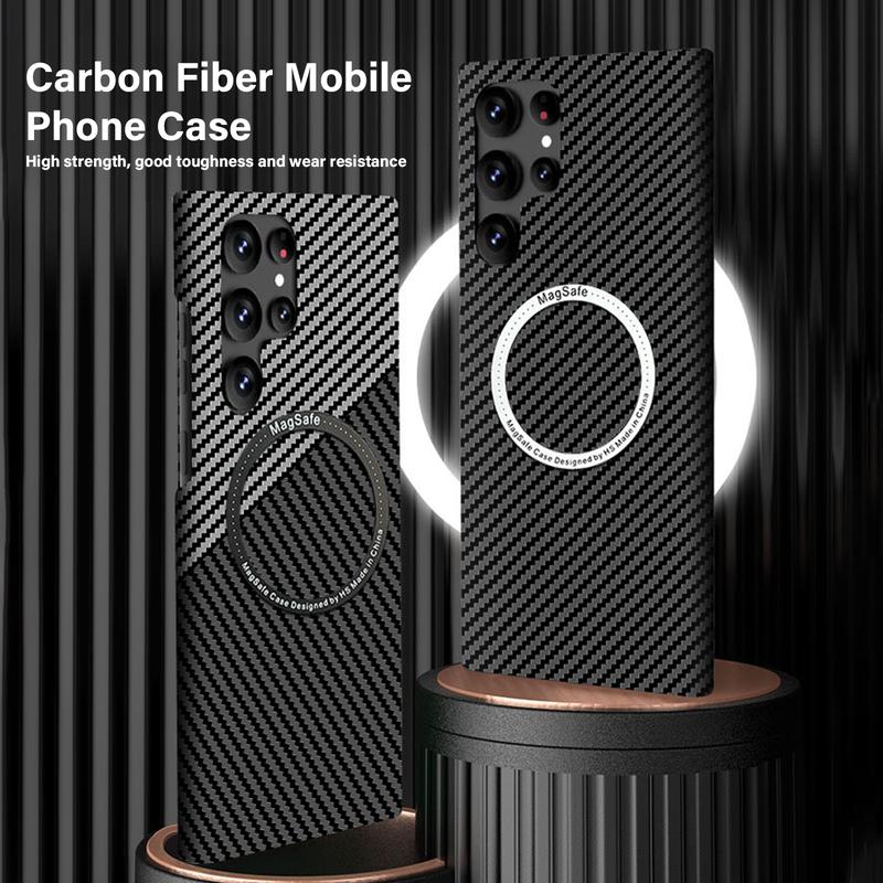 Fashion Carbon Fibre Pattern Phone Case for Samsung Galaxy S24 Ultra S23 Plus S22 S21 S24+ S23+ Hard Shockproof Protection Cover Supports Wireless Charging MagSafe Case Slim Cover Accessories Magnetic