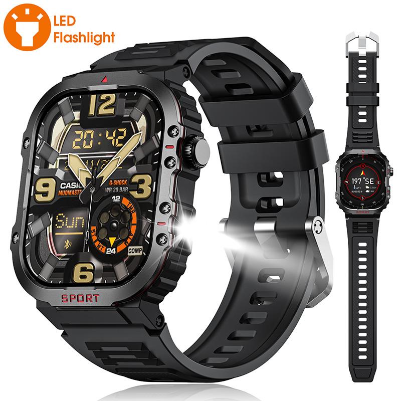 Stylish Military Grade Smart Watch for Men Women, Led Flashlight, Compass, Bluetooth Calls and Text, 2.02” HD Display 30M Waterproof Fitness Tracker, Heart Rate Sleep SpO2 Steps Monitor