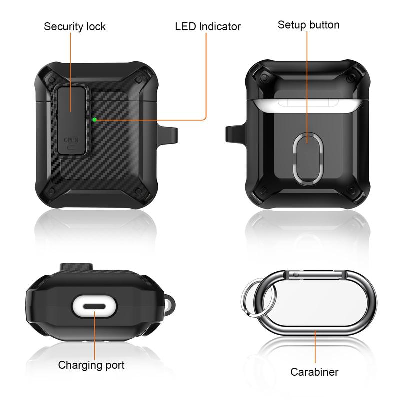 Airpod Case with Lock Compatible with Apple Airpods Case 2nd Generation Case, Rugged Case Cover for AirPods 1st Charging Case with Keychain for Men Women[Front LED Visible]