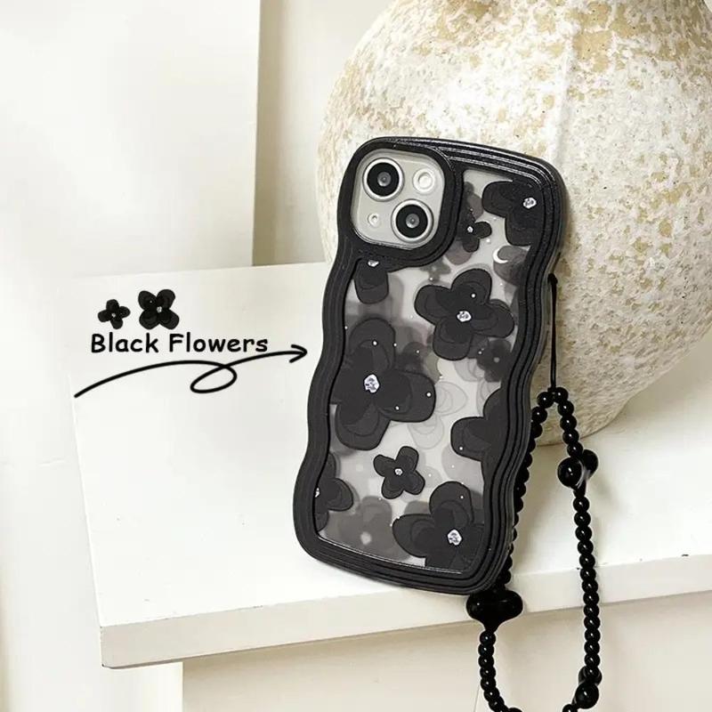 Butterfly & Heart Pattern Phone Case With Wrist Strap, Shockproof Wavy Edge Smartphone Protective Cover, All-inclusive Phone Cases for iPhone 11 12 13 14 15 Pro Max 15 14 Plus