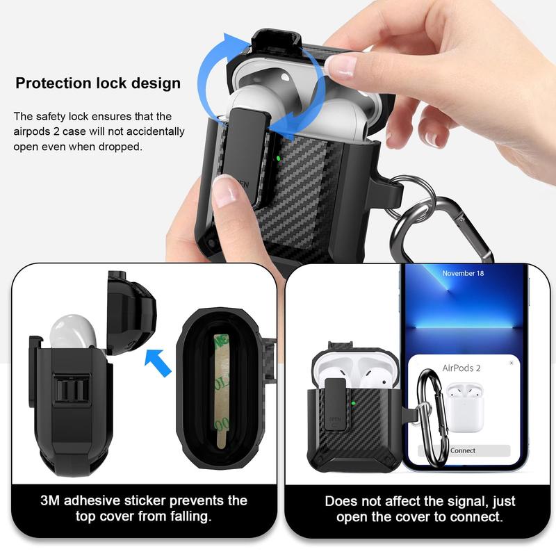 Airpod Case with Lock Compatible with Apple Airpods Case 2nd Generation Case, Rugged Case Cover for AirPods 1st Charging Case with Keychain for Men Women[Front LED Visible]