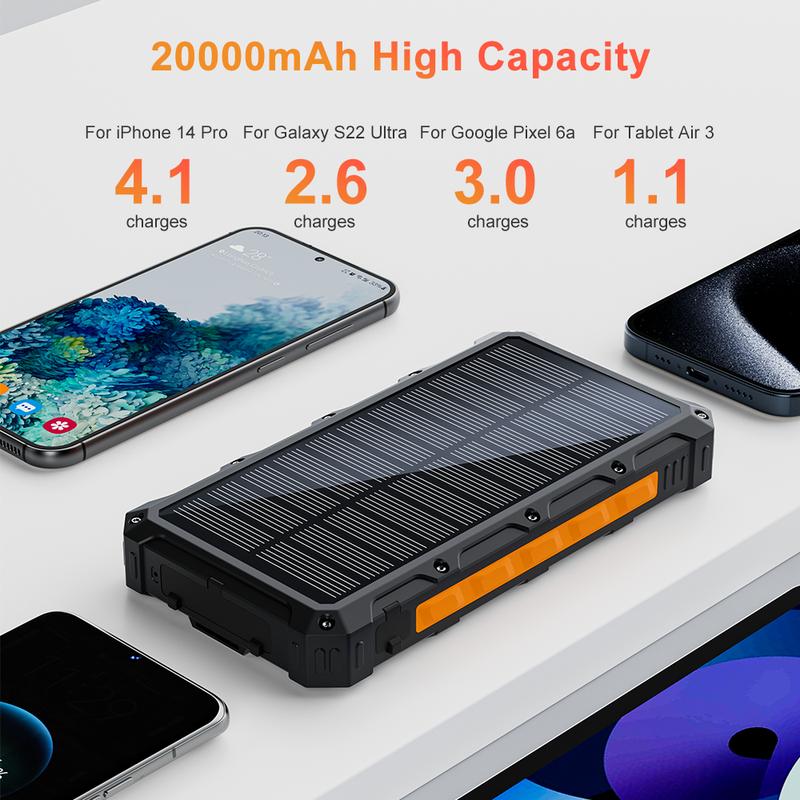 Solar Charger Power Bank, 20000mAh Portable 15W Wireless Charger with USB C Input Output ,QC3.0 PD20W Four output ports for Cell Phones External Battery Pack with ,Outdoor hiking, LED lighting，mountain climbing