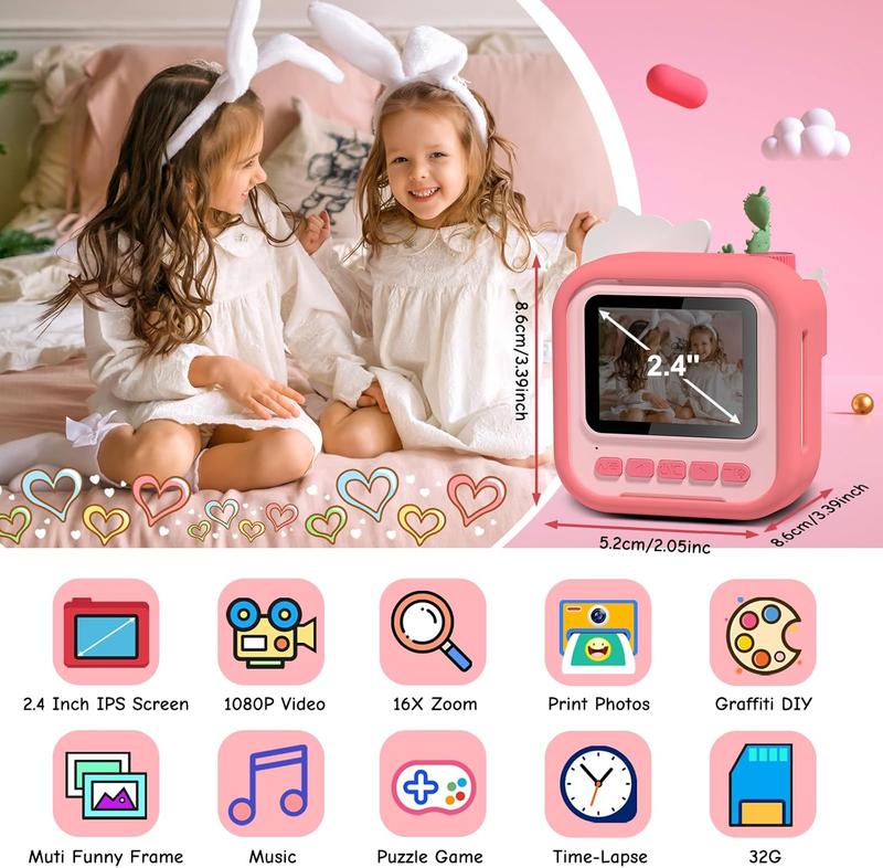 Kids Camera Instant Print, 2.4 Inch Screen 12MP 1080P HD Kigital Camera for Kids, Birthday Gifts for 3-12 Year Old Girls Boys, Toddler Camera with 32GB Card