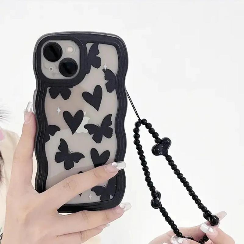 Butterfly & Heart Pattern Phone Case With Wrist Strap, Shockproof Wavy Edge Smartphone Protective Cover, All-inclusive Phone Cases for iPhone 11 12 13 14 15 Pro Max 15 14 Plus