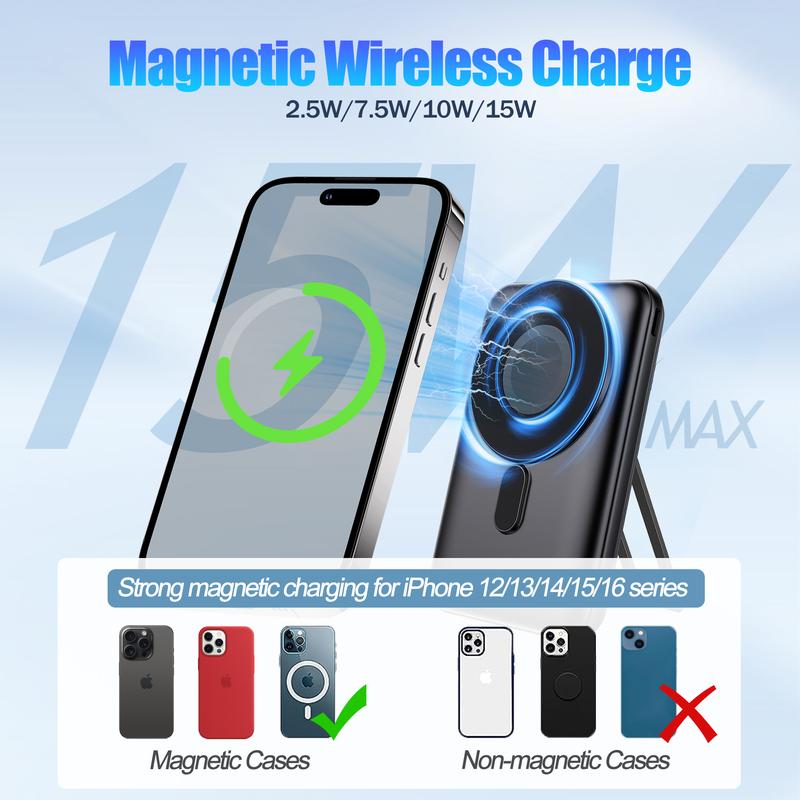 10000mAh Magnetic Wireless Portable Charger, 20W Fast Charging with USB C Lightning cable with stand, Compatible with Magsafe, iPhone 16 15 Series, AppleWatch AirPods Samsung Pixel Android Smartphone PowerBank