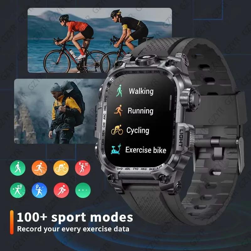 Rugged Military smart watch men 2.01 inch 650 mAh large battery 100 + sports fitness watches with LED flashlight smartwatch 2024