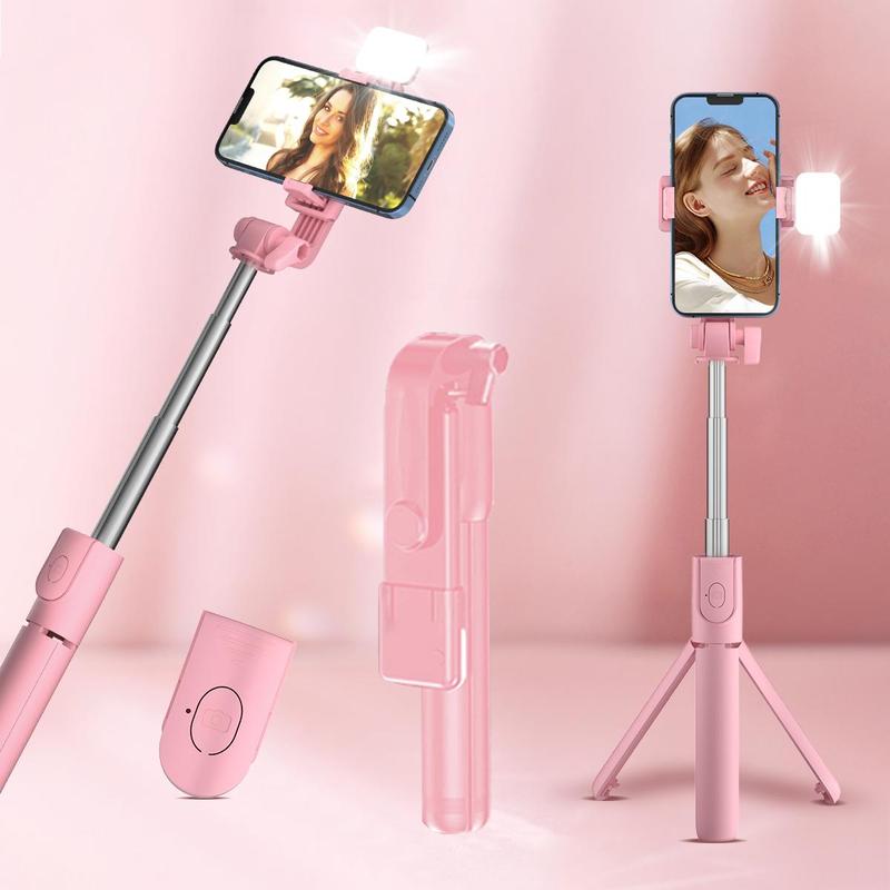 Portable Selfie Stick Tripod, 360 Degree Rotatable Phone Holder with Fill Light, Handheld Selfie Stick for Live Streaming, Vlogging, Photography