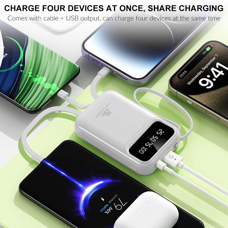 Portable  with Built-in Cable, 10000mAh USB C Battery Pack, Built in Type-C and iOS Output Cables Equipped with LED Display for iPhone Series and Android Phones and Most Electronic Devices bank charger