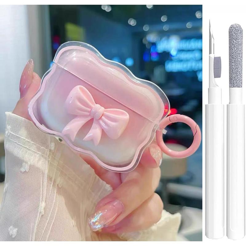 Cute  Clear Case for AirPods Pro 2 1 Gen, Girly 3D Bow Design Soft TPU Protective Shockproof Kawaii Apple iPod Pro 2nd 1st Generation Cover with Cleaner Pen & Keychain Girls Women 2023 2022 2019 - Pink