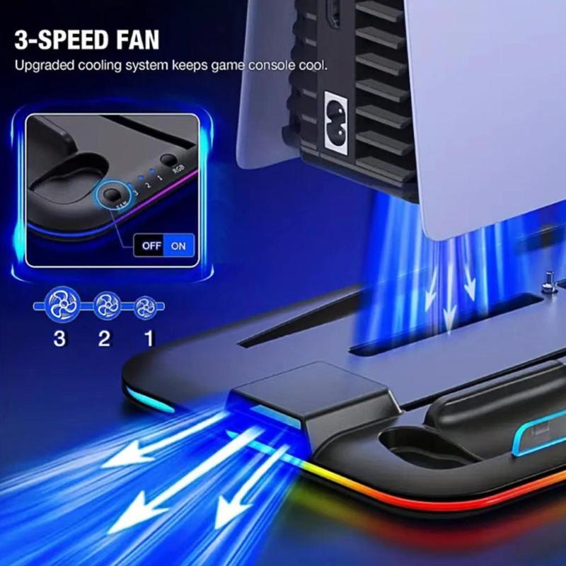 Cooling Station with RGB Light for PS5 Controller, Dual Controller Charging Stand with Headphone Holder & 6 Game Slot, Controller Charger Station, Gaming Console Accessories for PS5 Controller, Controller Grips, Gaming Room Supplies, Stocking Fillers Gift