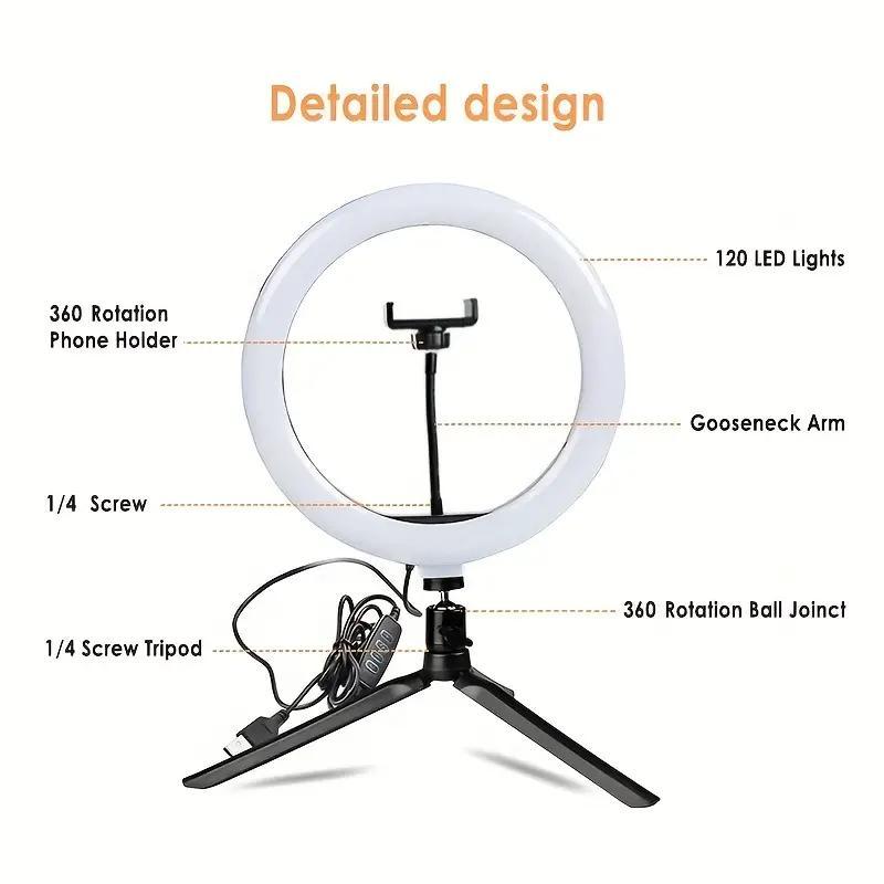 10 Inch Selfie Ring Light With Tripod & Phone Holder, 3 Color Selfie Light, Brightness Adjustable Fill Light, Vlogging Equipment For Makeup Live-Streaming