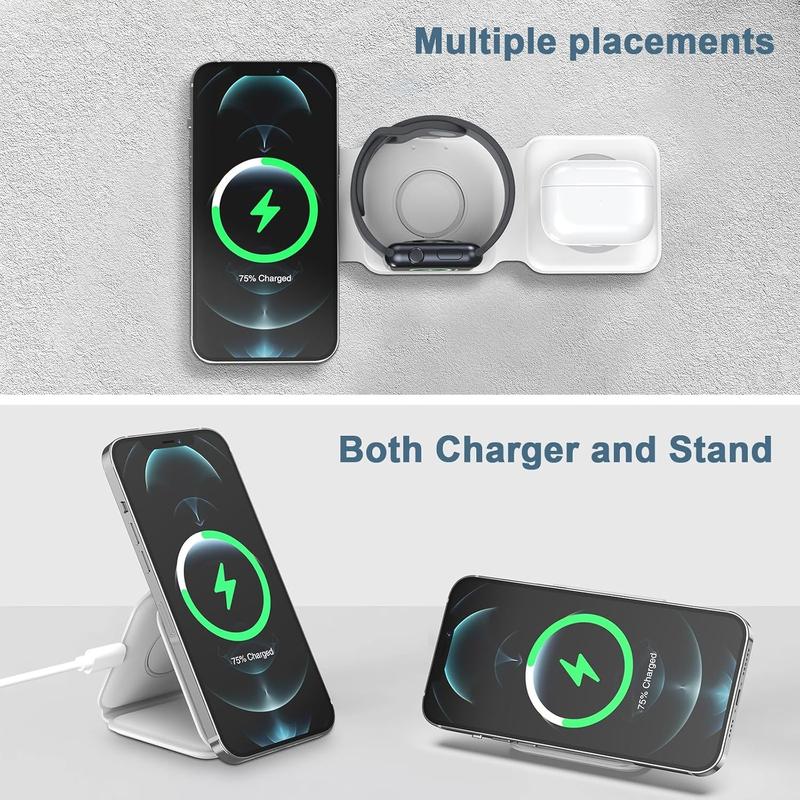 3-in-1 Wireless Charger, 1 Count Foldable Magnetic Travel Charger for Apple Watch, Multifunctional Wireless Charger for iPhone 15 14 13 12 11 Series & AirPods