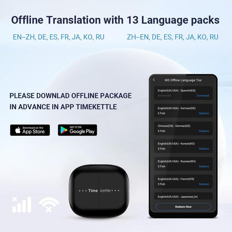 Timekettle M3 Language Translator Earbuds, Two-Way Translator Device with APP for 40 Languages & 93 Accents Online, Offline Translator for Exploring Expat Life Freely, Compatible with iOS & Android