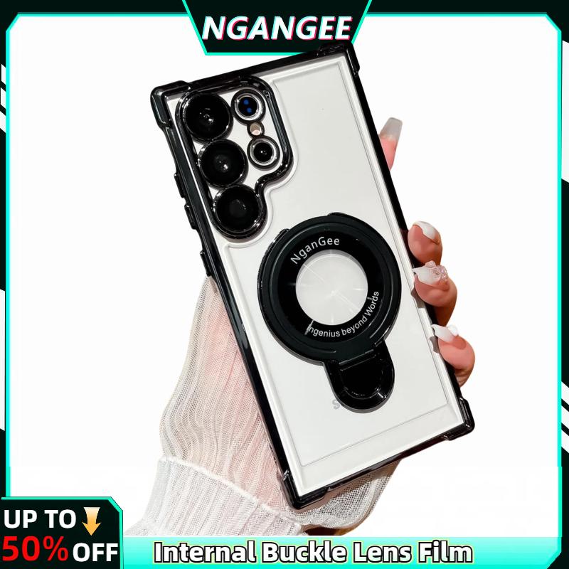 BlackFridayDeal NganGee Four Comers Shockproof CellPhone Cases with Sticky Holder Olated Clear Bracket Smartphone Protector Case for S22 to S24 Ultra