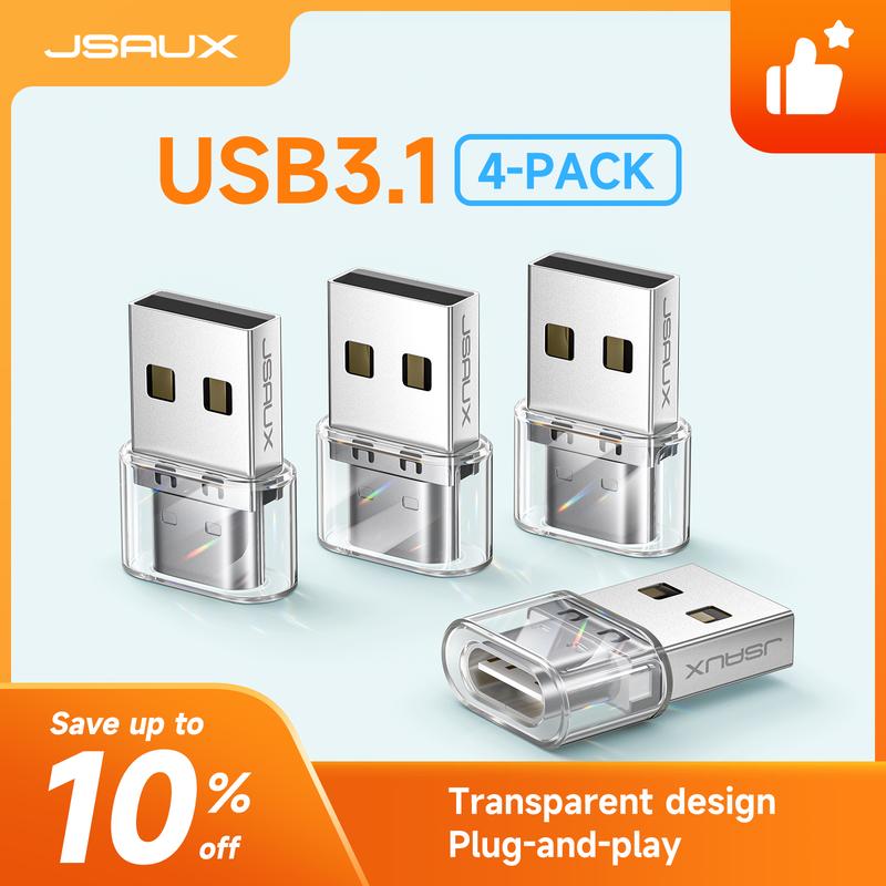 JSAUX USB C Female to USB Male Adapter (4-Pack) 3.1A Fast Charging, USB C to USB Charger Converter for iPhone 16 15 14 13 Pro Max, Apple Watch, Samsung Galaxy S24 S23, Car Play, Android Auto-Crystal