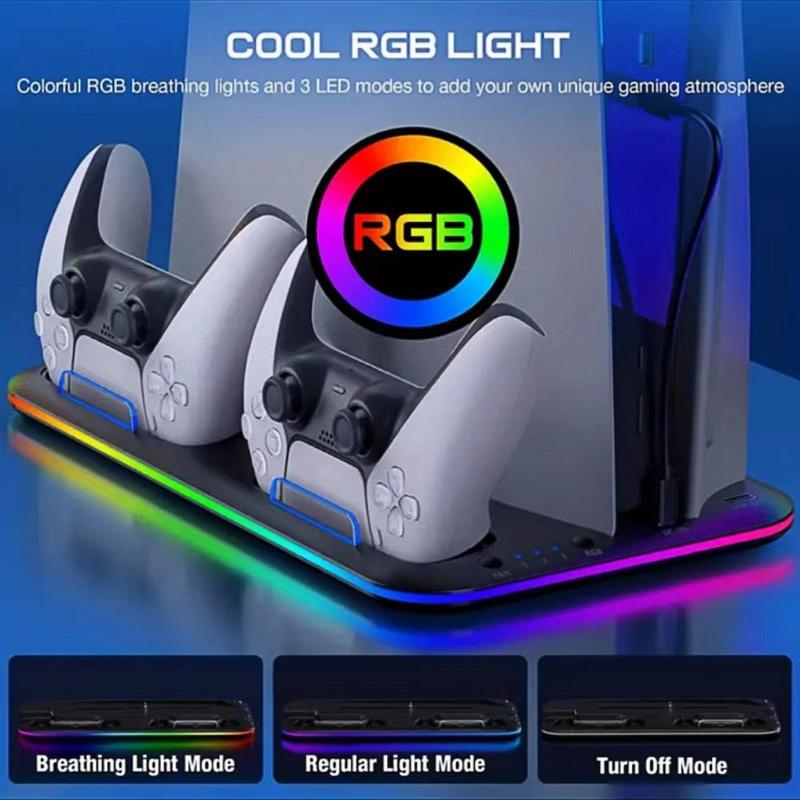 Cooling Station with RGB Light for PS5 Controller, Dual Controller Charging Stand with Headphone Holder & 6 Game Slot, Controller Charger Station, Gaming Console Accessories for PS5 Controller, Controller Grips, Gaming Room Supplies, Stocking Fillers Gift