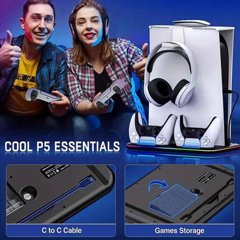 Cooling Station with RGB Light for PS5 Controller, Dual Controller Charging Stand with Headphone Holder & 6 Game Slot, Controller Charger Station, Gaming Console Accessories for PS5 Controller, Controller Grips, Gaming Room Supplies, Stocking Fillers Gift