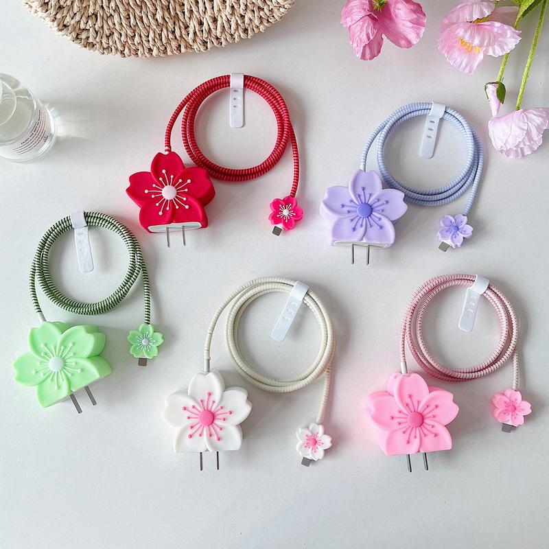 Cute Begonia Flower Pattern Charger & Data Cable Protective Case, Decorative Charger & Data Cable Protector Cover, Compatible with Apple 20W Fast Charger