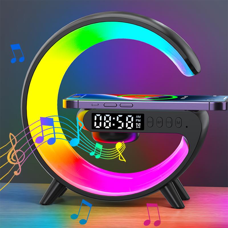 Wireless Speaker Rhythm RGB Light Bar Smart Light Sunrise Alarm Clock Wake Up Light Alarm for Bedroom Dimmable Table Lamp with Fast Wireless Charger Alarm for Heavy Sleeping Adults Bedroom, Dorm, Gift