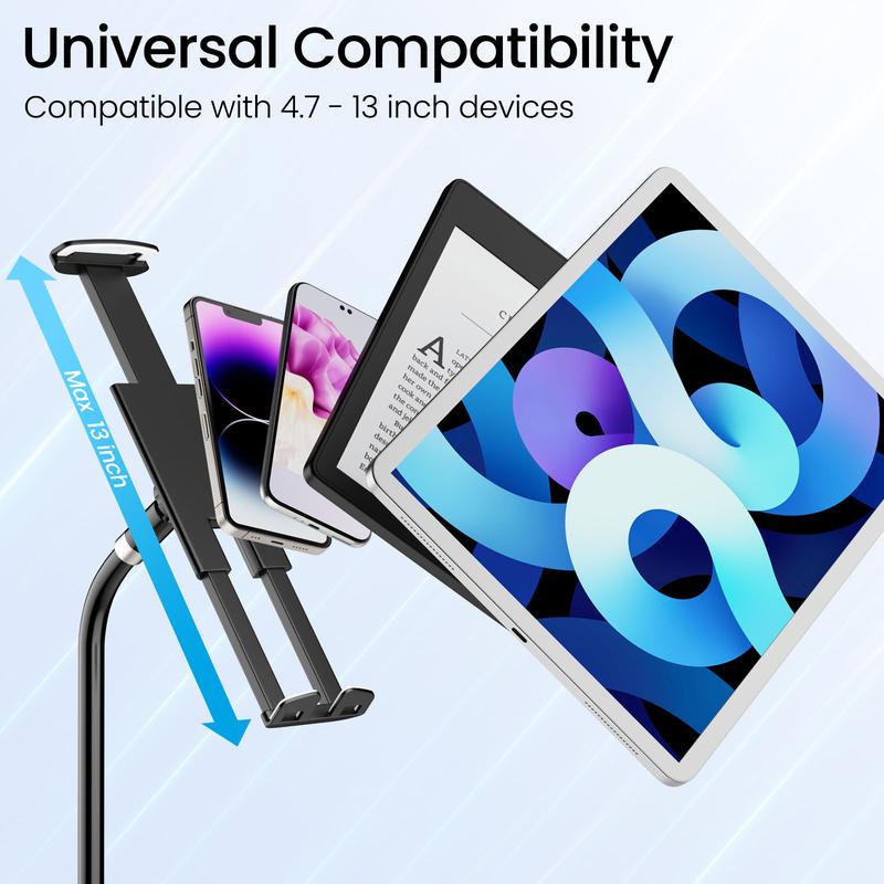 Tablet Stand Holder Kindle Stand Holder with Anti-slip Clip, Multifunction Gooseneck Flexible Long Arm, Handsfree Phone Holder for Bed Couch Reading, Compatible with 4.7-13inch iPhone iPad Kindle Tablet Accessories Accessory