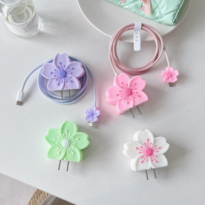 Cute Begonia Flower Pattern Charger & Data Cable Protective Case, Decorative Charger & Data Cable Protector Cover, Compatible with Apple 20W Fast Charger