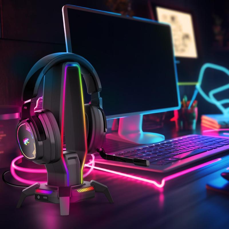 RGB Headphone Stand with 3 USB 3.0, 8 Light Modes Holder for Gaming Headsets, Controller Stand with Type-C Port, 3.5mm Jack Port, Earphone Hanger Accessories for Desktop Gamer(Black)