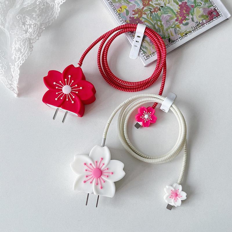 Cute Begonia Flower Pattern Charger & Data Cable Protective Case, Decorative Charger & Data Cable Protector Cover, Compatible with Apple 20W Fast Charger