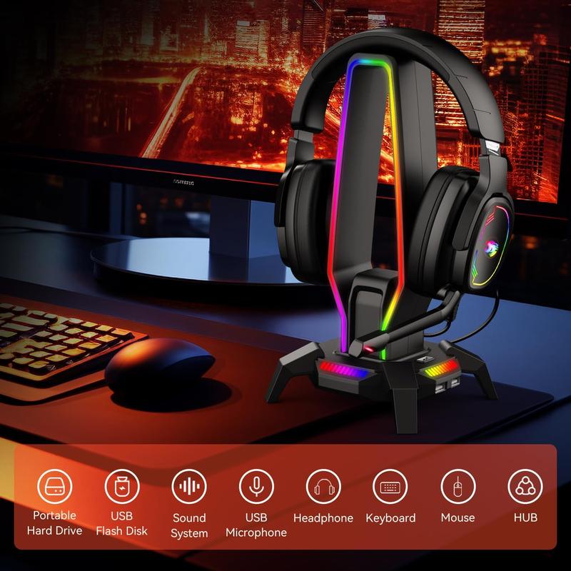 RGB Headphone Stand with 3 USB 3.0, 8 Light Modes Holder for Gaming Headsets, Controller Stand with Type-C Port, 3.5mm Jack Port, Earphone Hanger Accessories for Desktop Gamer(Black)