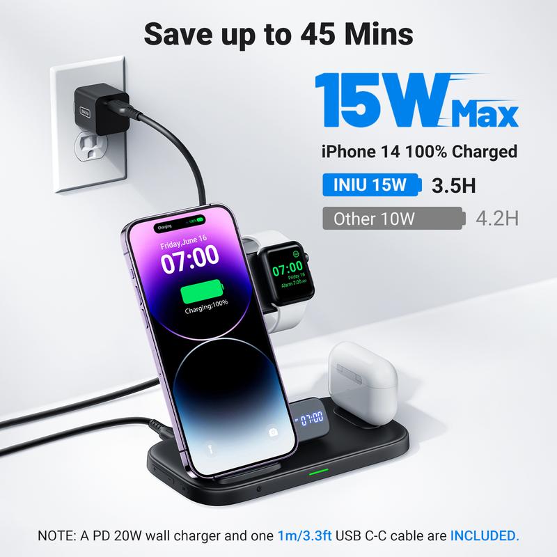 INIU 3 in 1 Wireless Charging Station, 15W Fast Phone Wireless Charger Stand Dock for Apple Watch Charger Stand Series 8 7 6 5 4 3 SE Ultra, iPhone 16 15 14 13 12 11 Pro Max Mini, Airpods Pro (with Adapter) Magnetic Cable